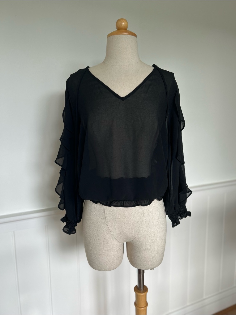 Nanette Lepore Black Sheer V-Neck Ruffle Sleeve Blouse